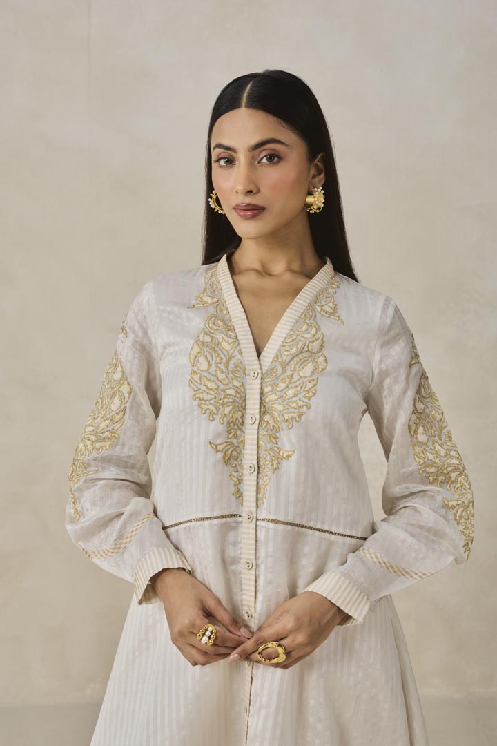 Ivory Chanderi Asymmetrical Kurta Set with Gold Embroidery