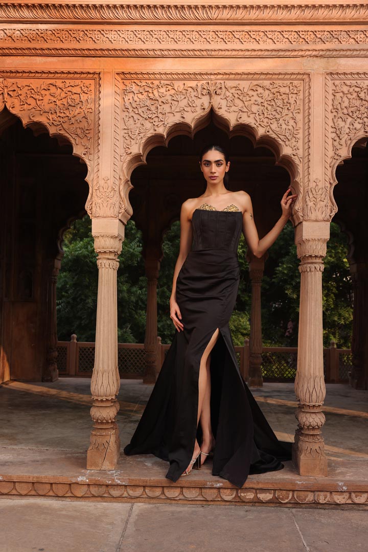 Black corset draped gown