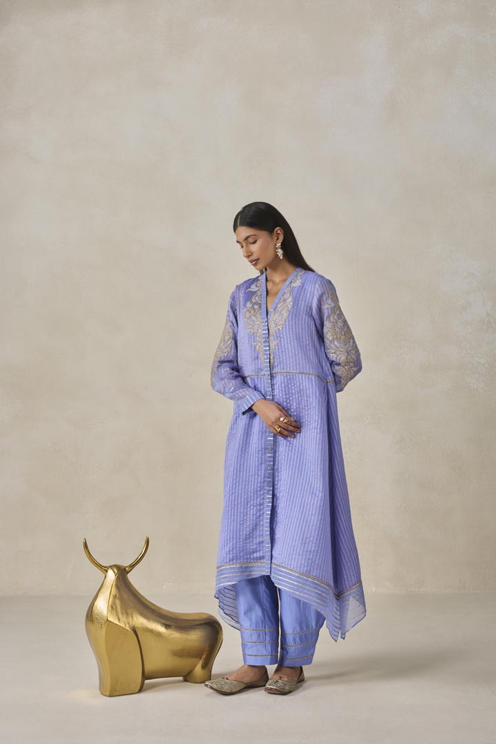 Ink Blue Chanderi Asymmetrical Kurta Set with Gold Embroidery