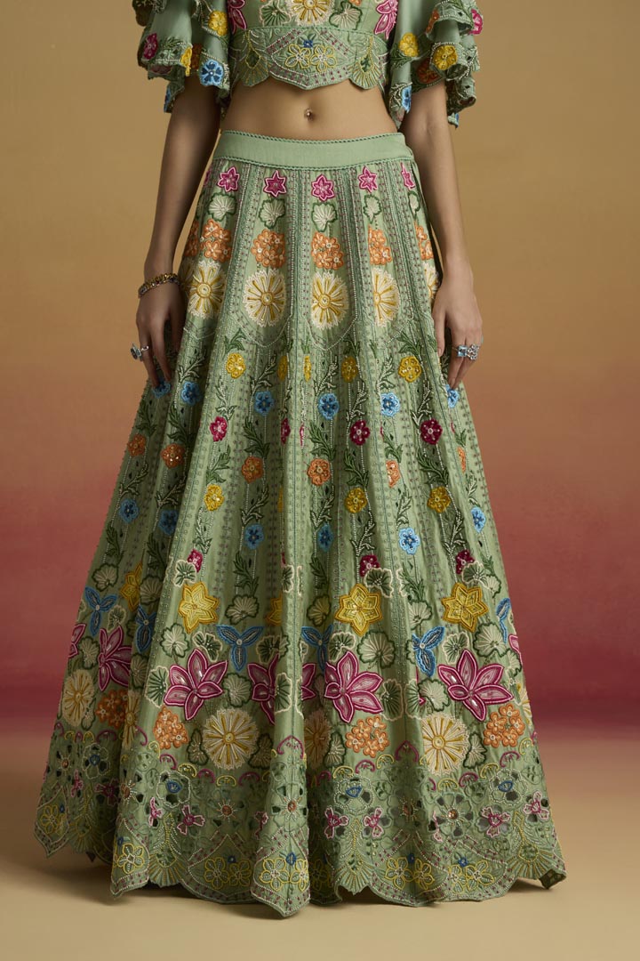 Sage Green Multicolour Floral Chanderi Lehenga for Weddings