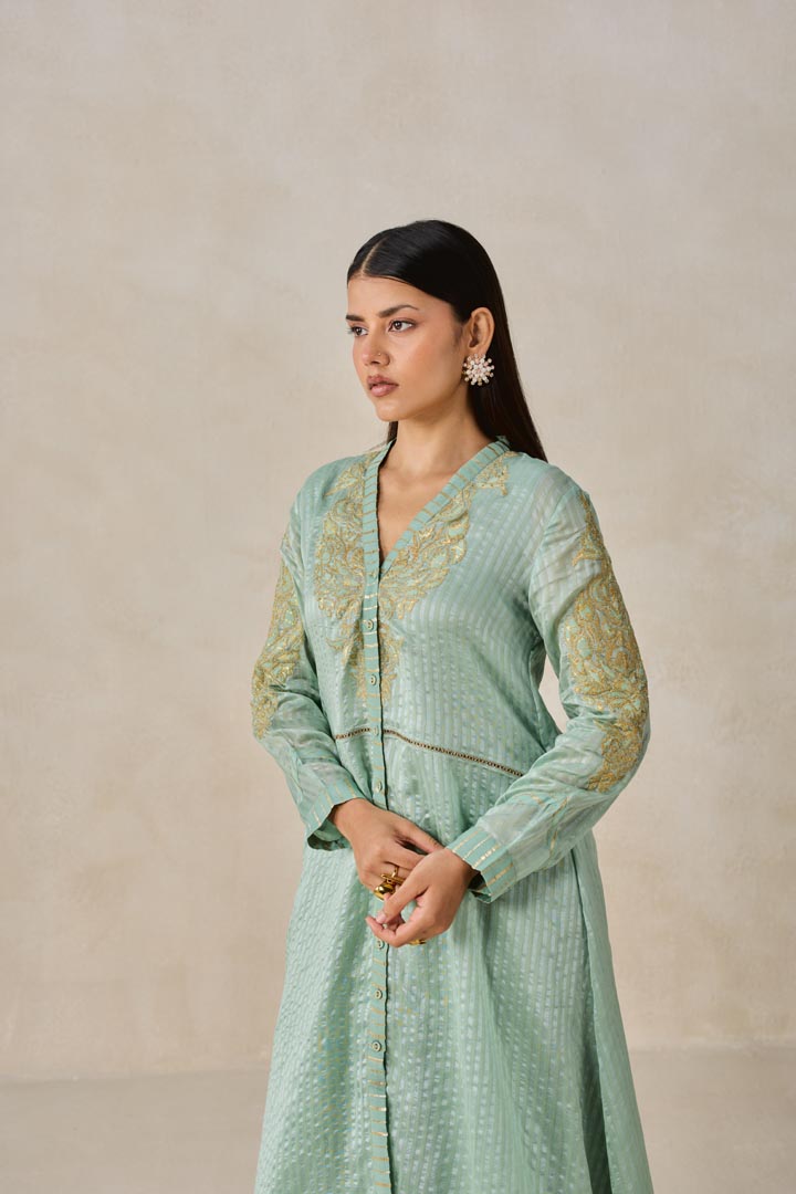 Sage Green Chanderi Asymmetrical Kurta Set - Elegant Festive Wear