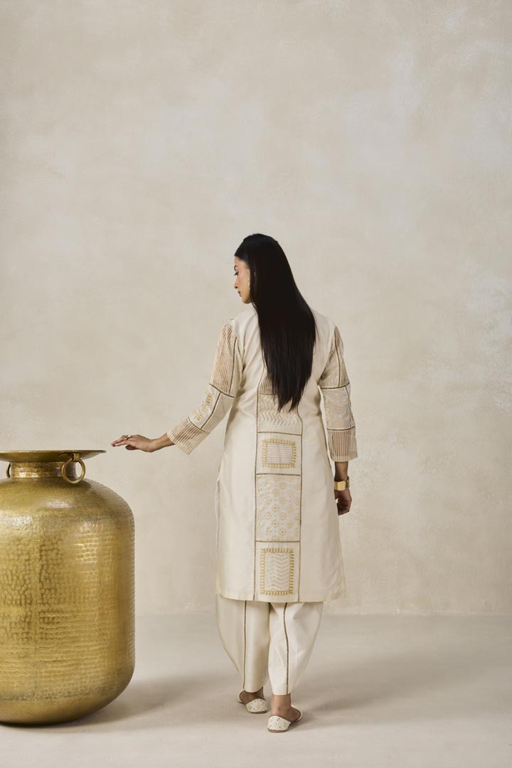 Ivory Gold Chanderi Patchwork Kurta Salwar Set for Festive Wear