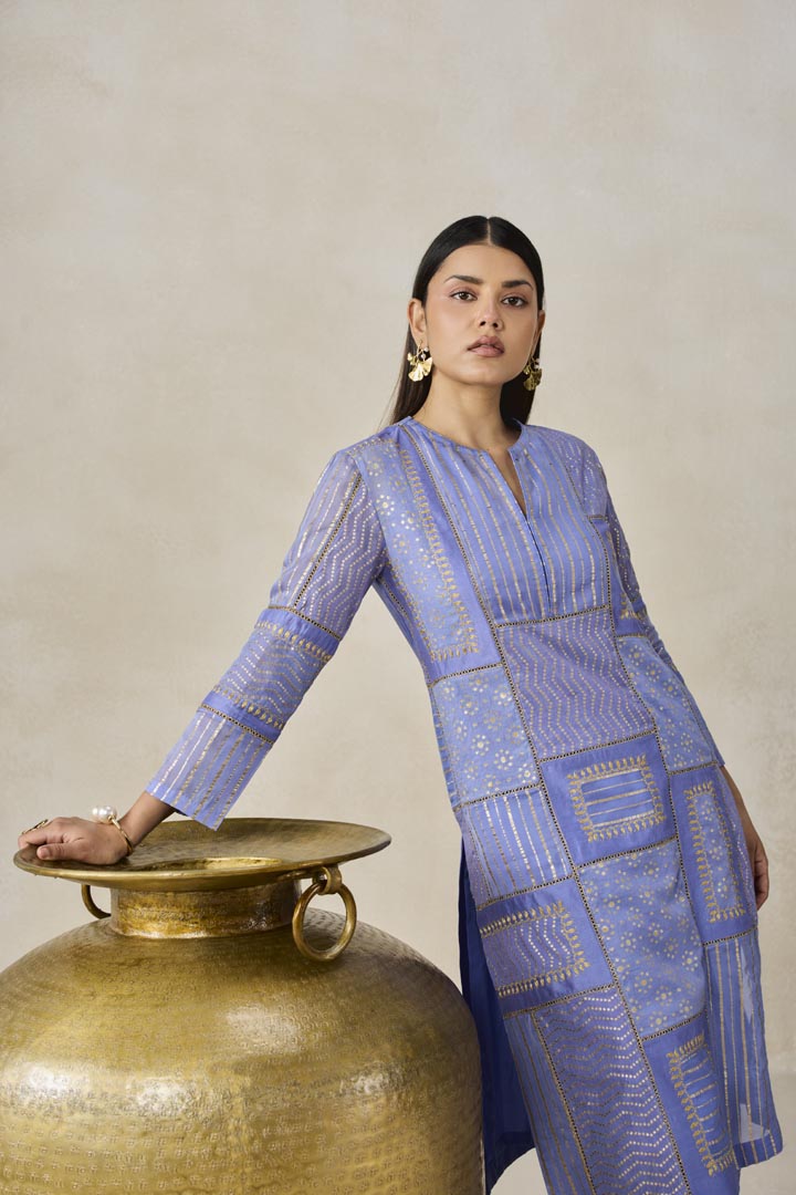 Ink Blue Gold Chanderi Patchwork Kurta Set for Festive Wear