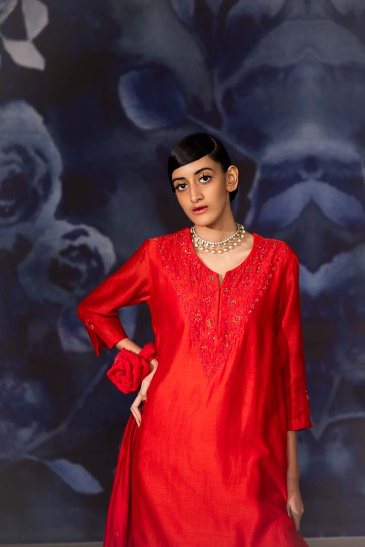 Red Side Panelled and Embroidery Suit- Set of 3
