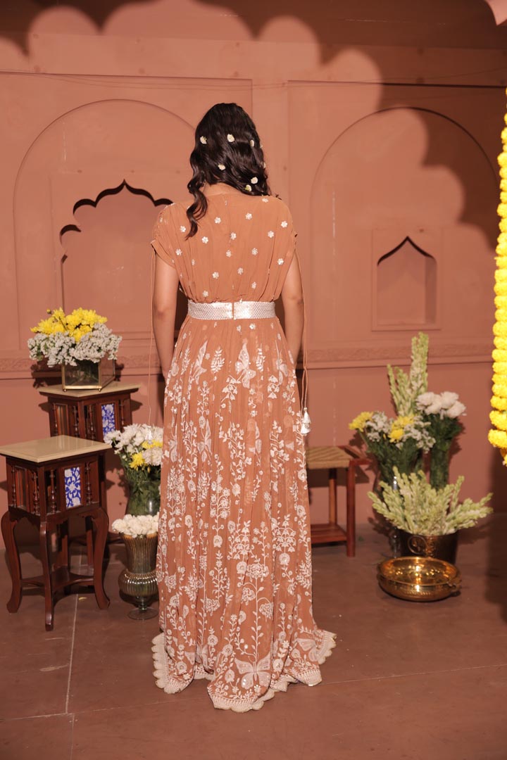 Mocha Floral Embroidered Georgette Anarkali