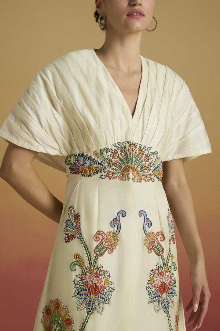Ivory Chanderi Applique & Beadwork Pleated Midi Dress Luxury Wear