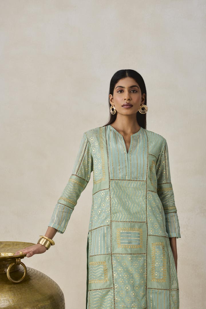 Sage Green Gold Chanderi Patchwork Kurta Salwar Set for Women