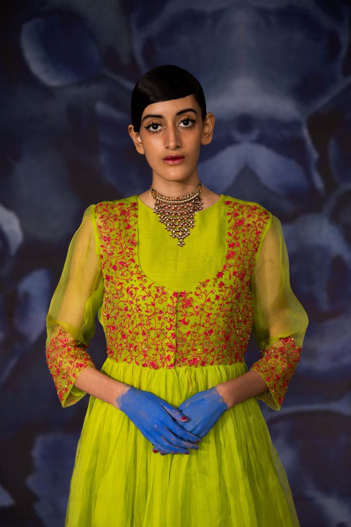 Green Angrakha Kurta with Green Blouse and Green Gharara Pants- Set of 3