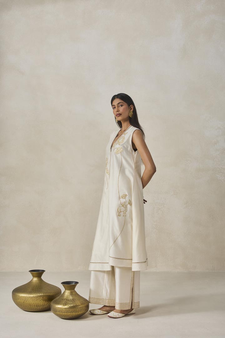 Ivory Chanderi Applique Work Kurta Set - Luxury Ethnic Co-ord