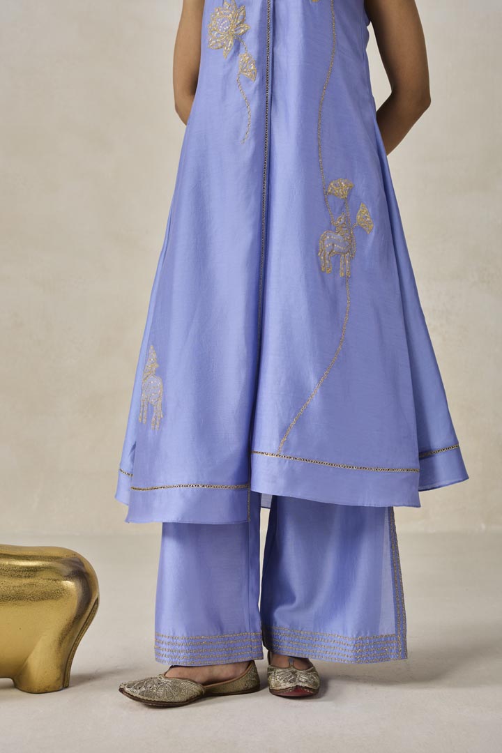 Ink Blue Chanderi Applique Work Kurta Set with Palazzo