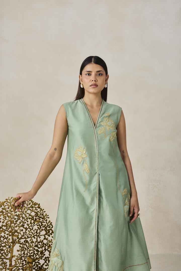 Sage Green Chanderi Applique Work Kurta Set for Festive Wear