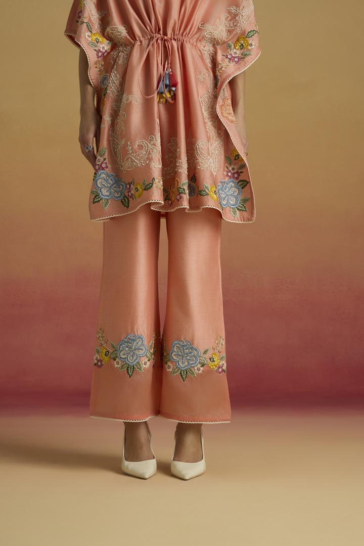 APRICOT FLORAL SHEER DETAIL PANTS