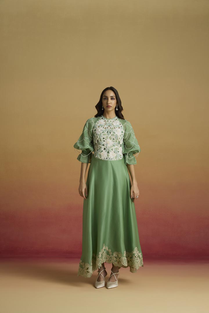 Sage Green Silk Organza Flounce Dress - Elegant Evening Wear