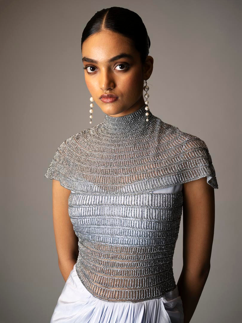 Blue  saree gown with organza  ruffled drape & glass bead embellishment