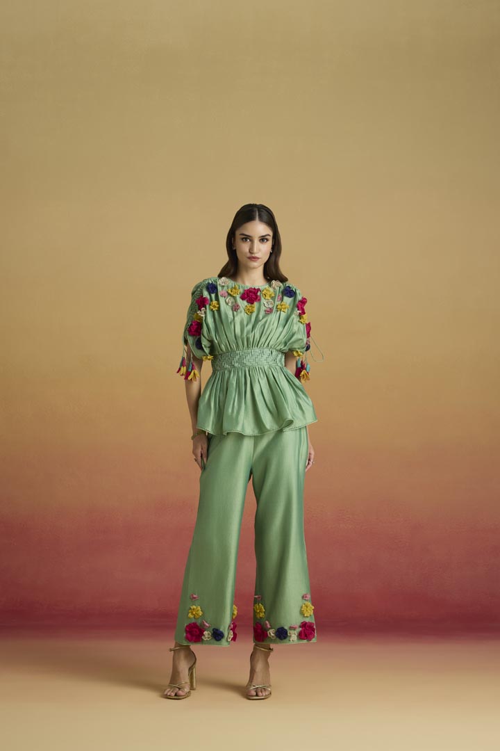 Sage Green Chanderi 3D Floral Applique Top with Weave Belt