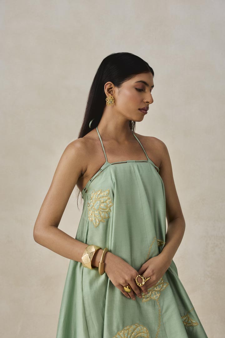 Sage Green Chanderi Offshoulder Kurta Set - Elegant Festive Wear