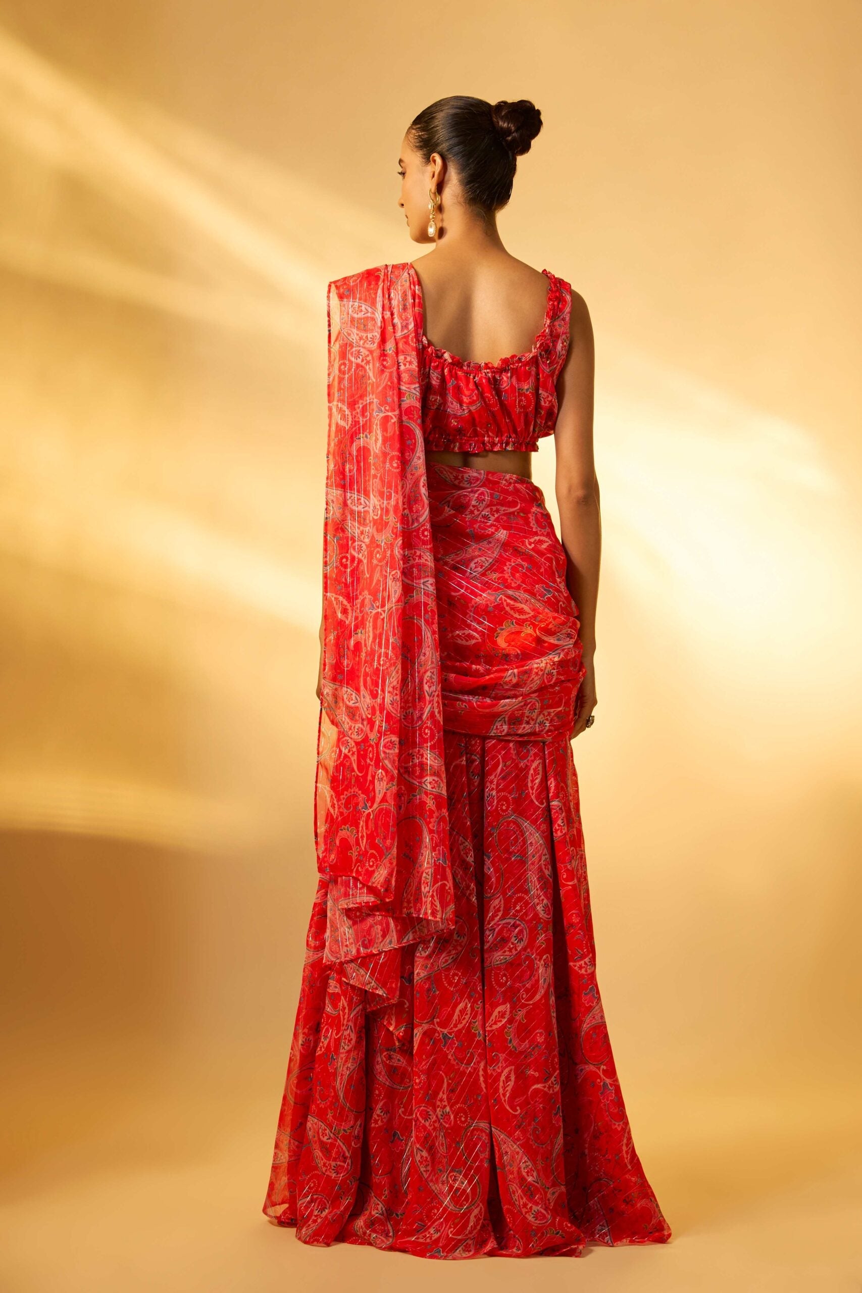 RED PAISLEY PRINTED DRAPE SAREE SET