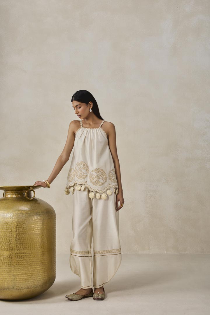 Ivory Chanderi Applique Strappy Short Top and Palazzo Set