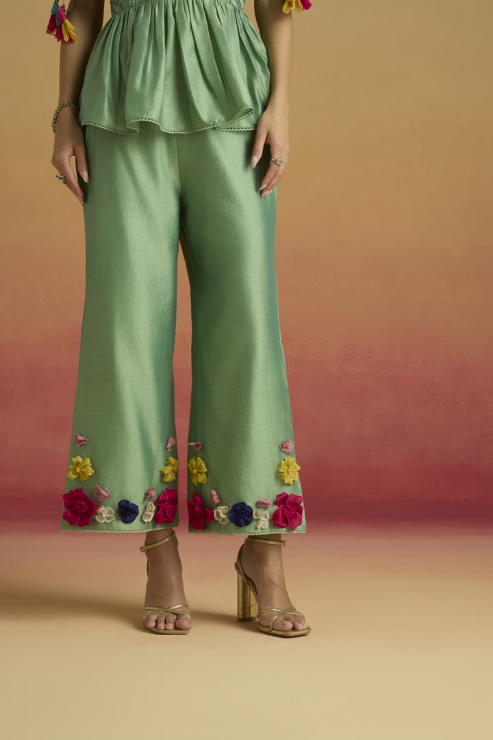 Sage Green Chanderi 3D Floral Applique Straight Pants