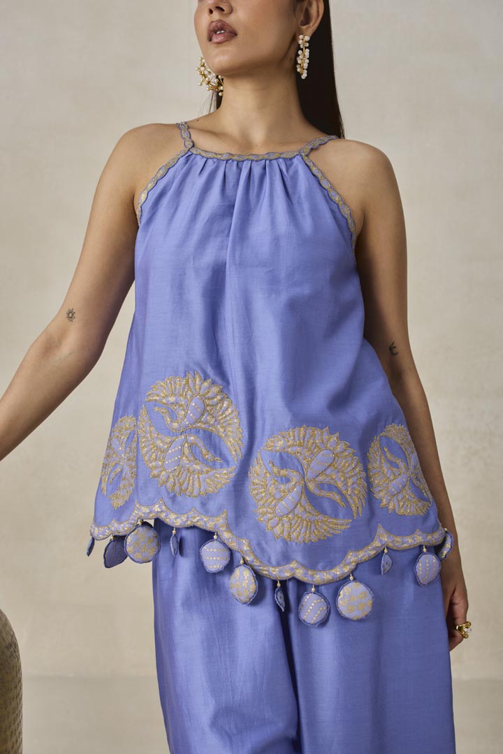 Ink Blue Chanderi Applique Strappy Top & Palazzo Set