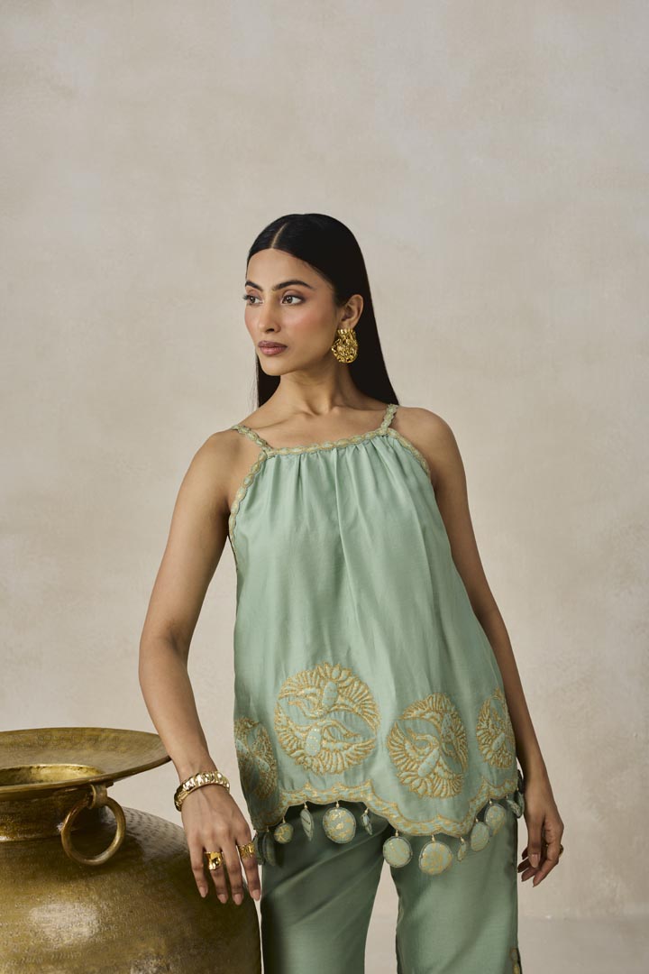 Sage Green Chanderi Applique Embroidery Strappy Co-ord Set
