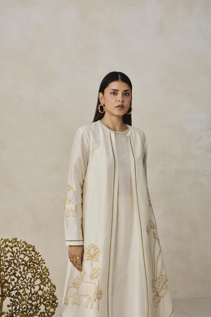 Ivory Chanderi Jacket Style Kurta Set with Narrative Embroidery
