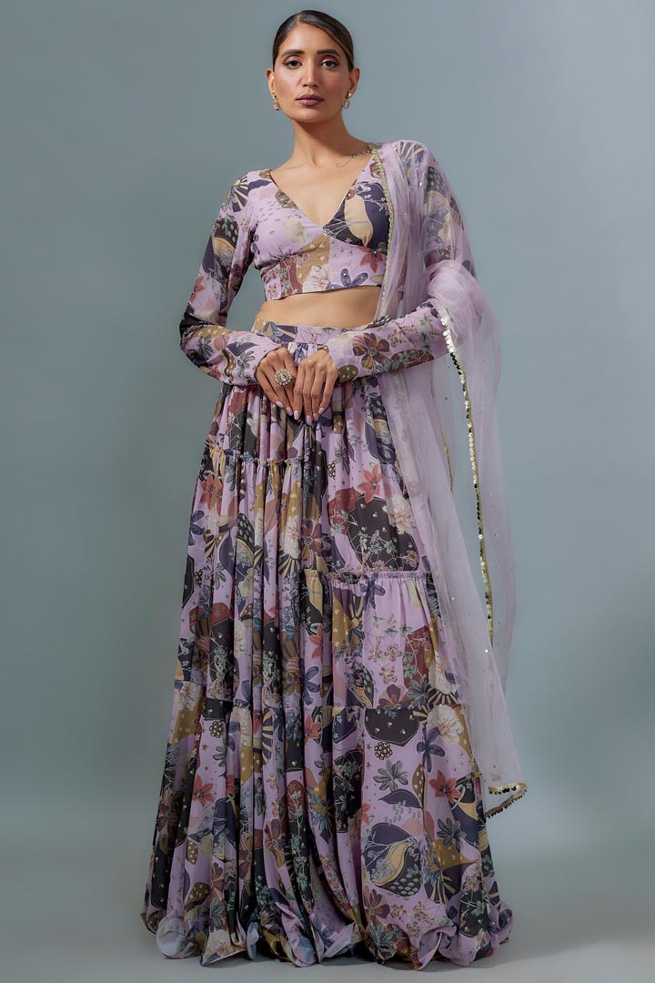 Lilac Georgette Digital Printed Lehenga Set