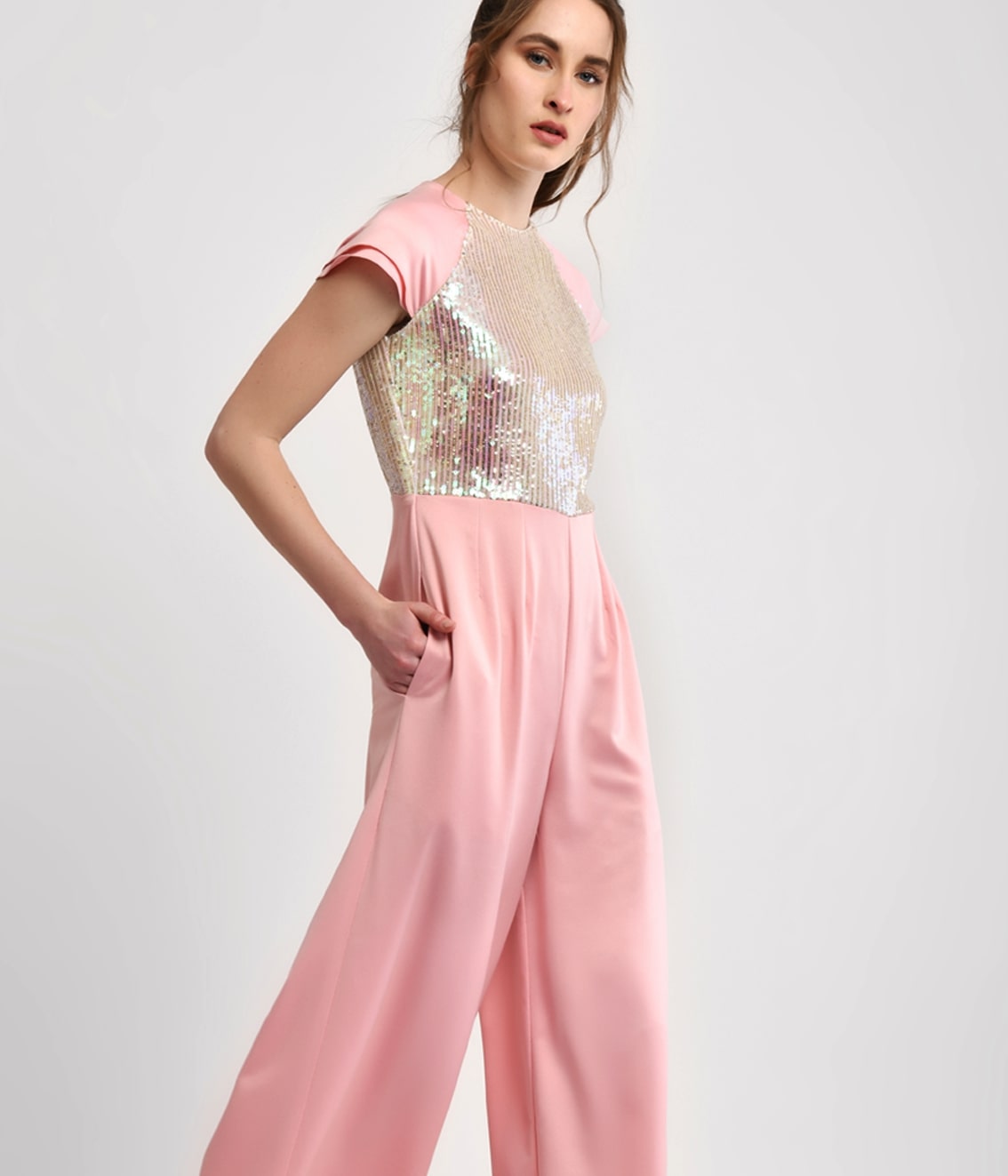 Pink Shimmery Jumpsuit With Petal Sleeve