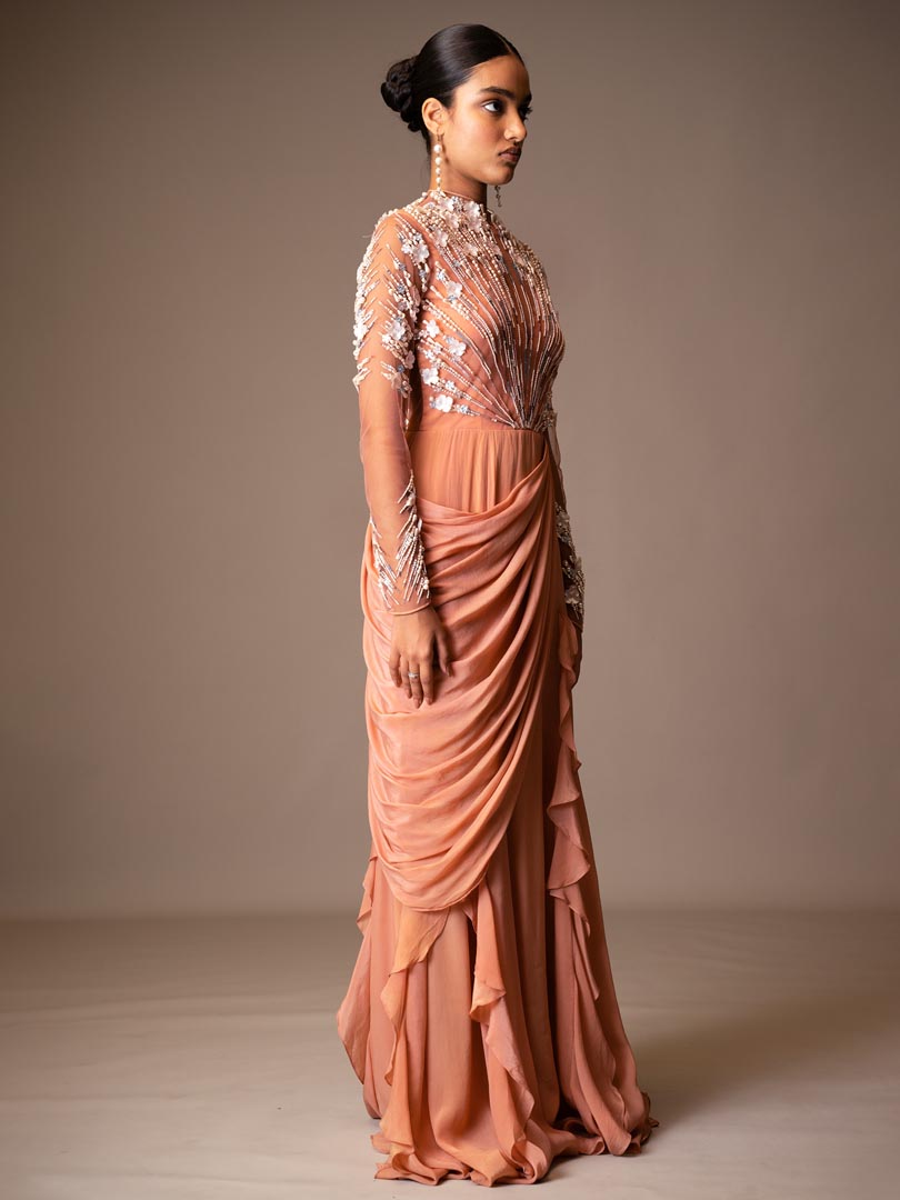 Rust Embroidered Gown
 Saree With Ruffles