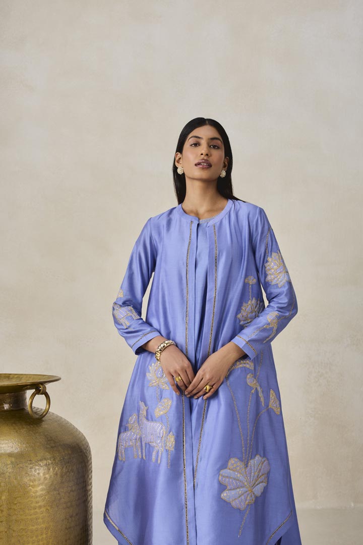 Ink Blue Chanderi Jacket Style Kurta Pant Set for Occasions