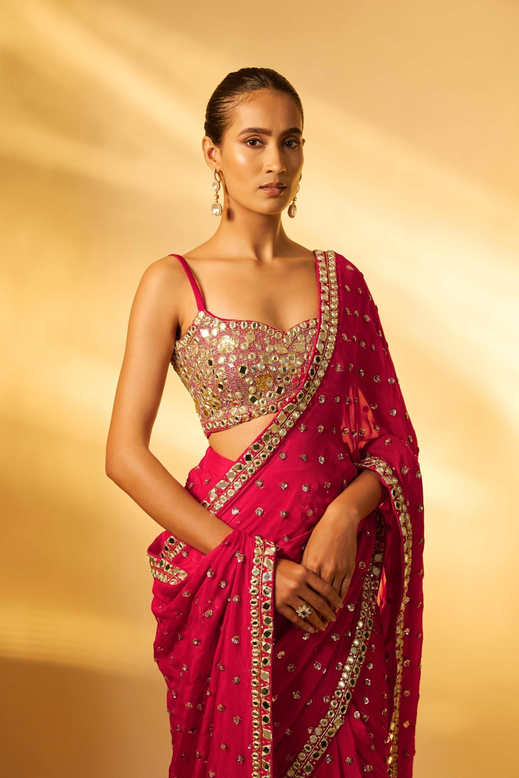 RED CHINON CHIFFON MIRROR EMBROIDERED PRE-DRAPED SAREE SET