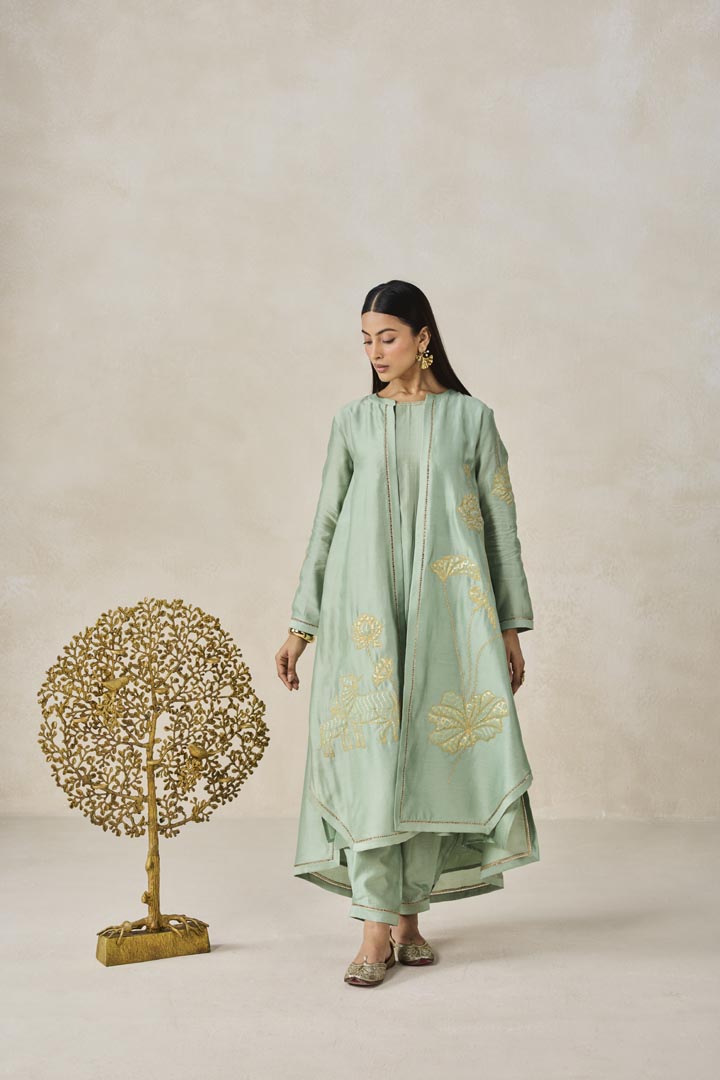 Sage Green Chanderi Jacket Kurta Set with Applique Work