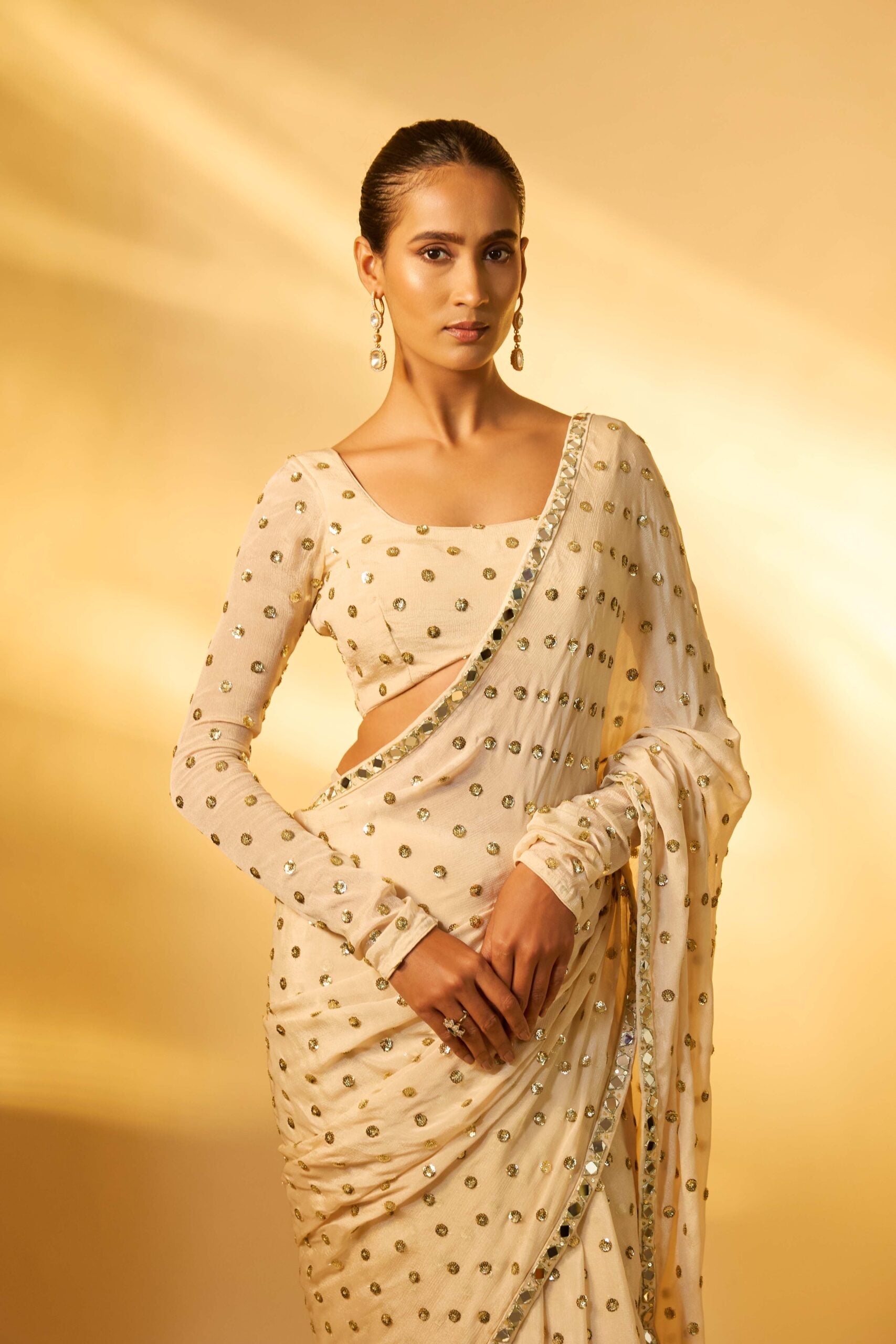 WHITE CHINON CHIFFON SEQUINS EMBROIDERED PRE-DRAPED SAREE SET