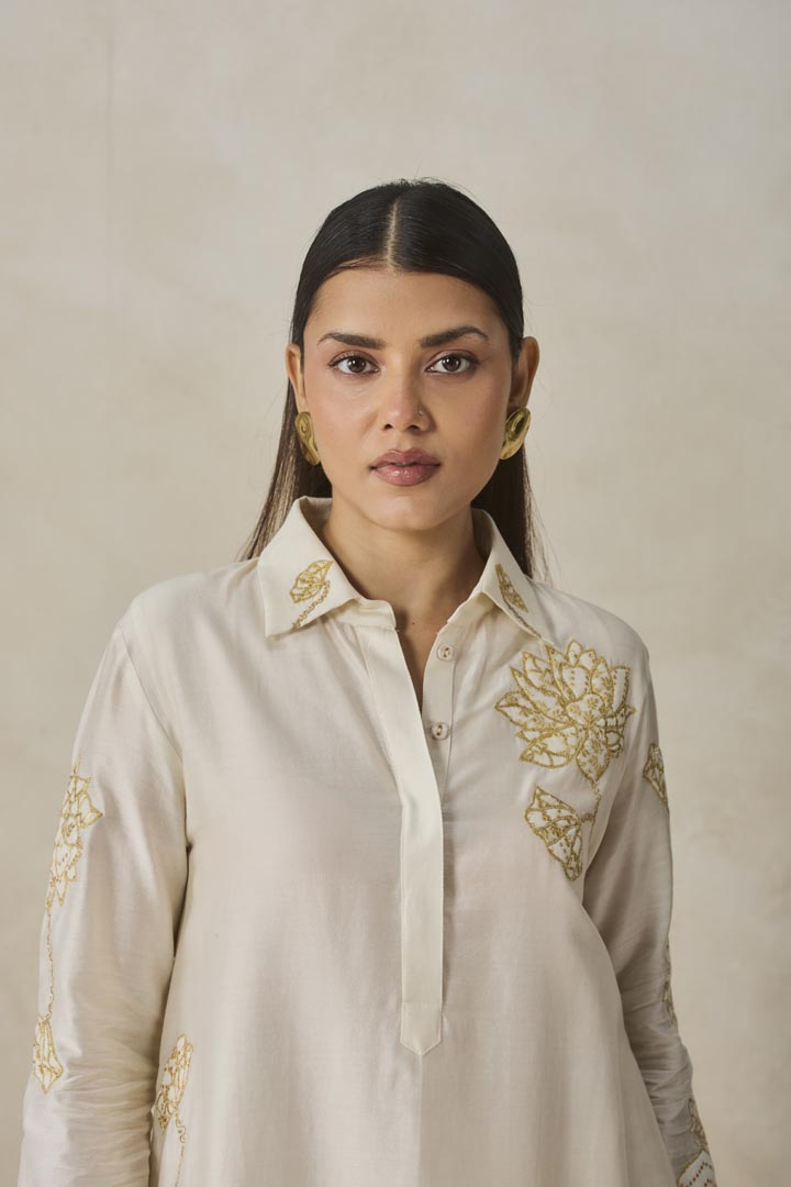 Ivory Chanderi Asymmetrical Kurta Set with Floral Applique