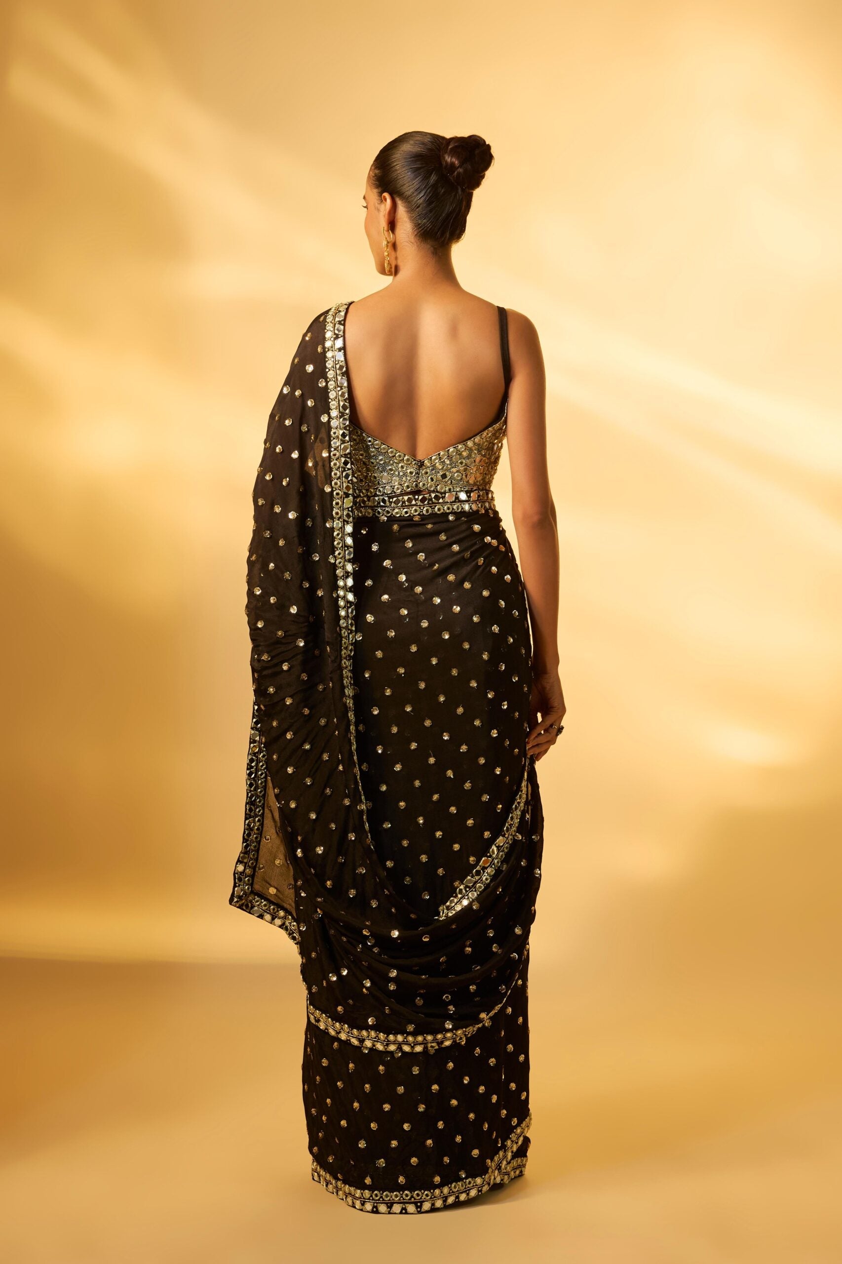 BLACK CHINON CHIFFON MIRROR EMBROIDERED PRE-DRAPED SAREE SET