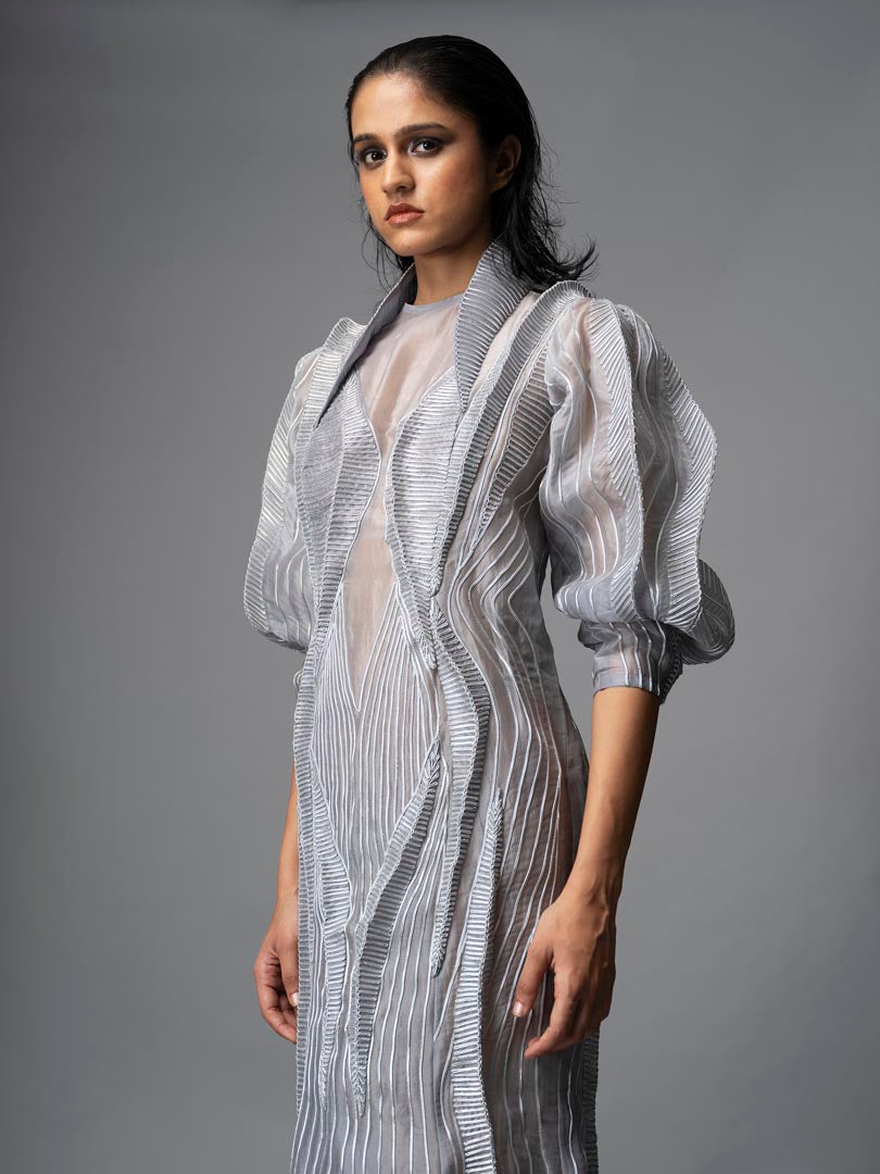 Silver embellished gown with
 sheer detailing and dramatic puff sleeve