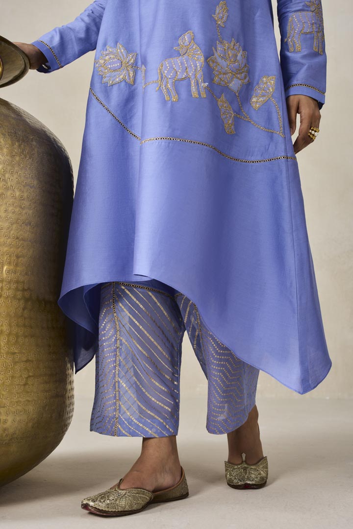 Ink Blue Chanderi Asymmetrical Kurta With Pant Set for Festivities