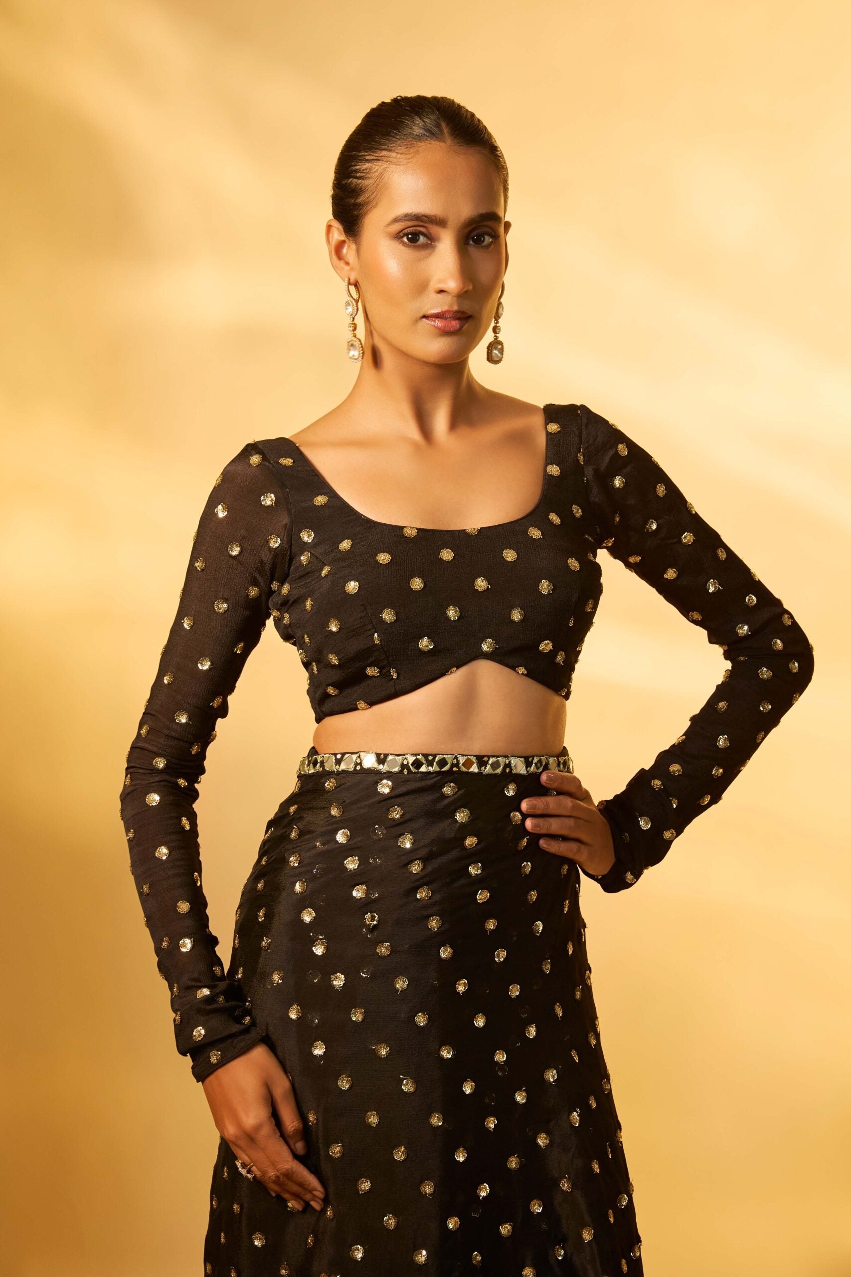 BLACK CHINON CHIFFON SEQUINS EMBROIDERED PRE-DRAPED SAREE SET