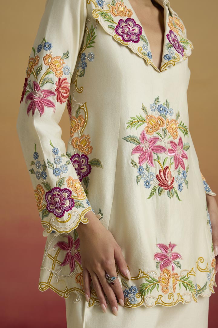 Ivory Floral Threadwork and Beadwork Flared Chanderi Jacket