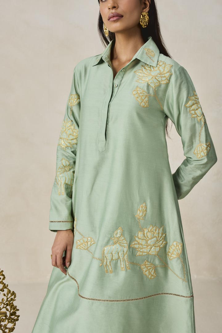 Sage Green Chanderi Asymmetrical Kurta Set for Festive Wear