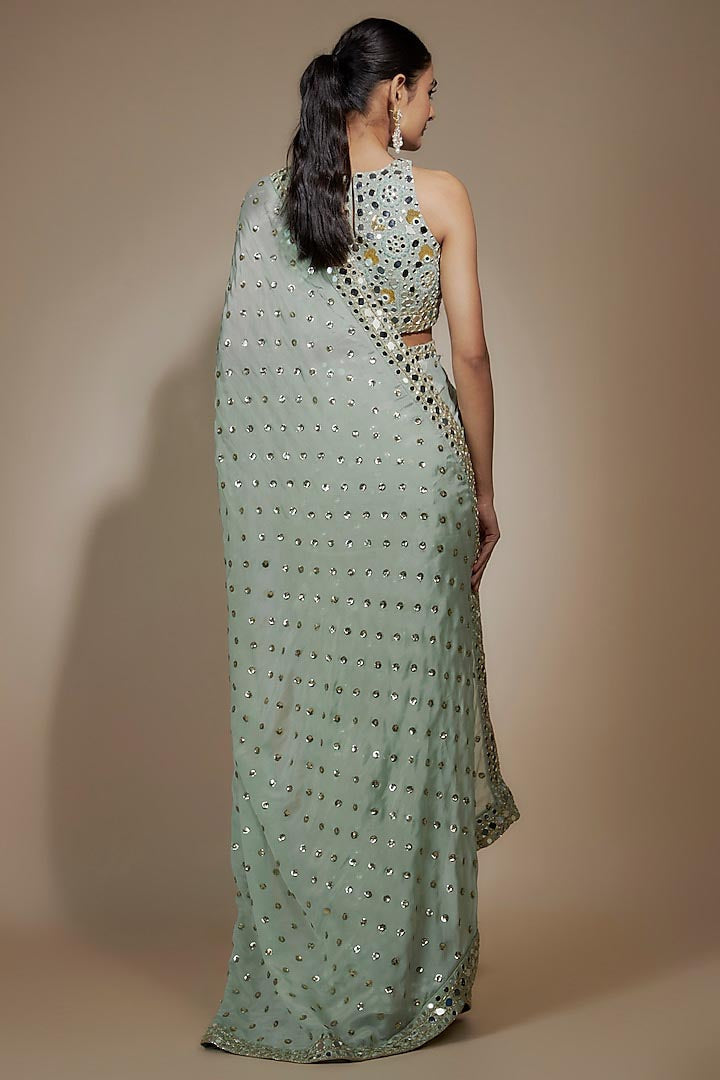 Sea Green Chinon Sequins & Mirror Hand Embroidered Saree Set