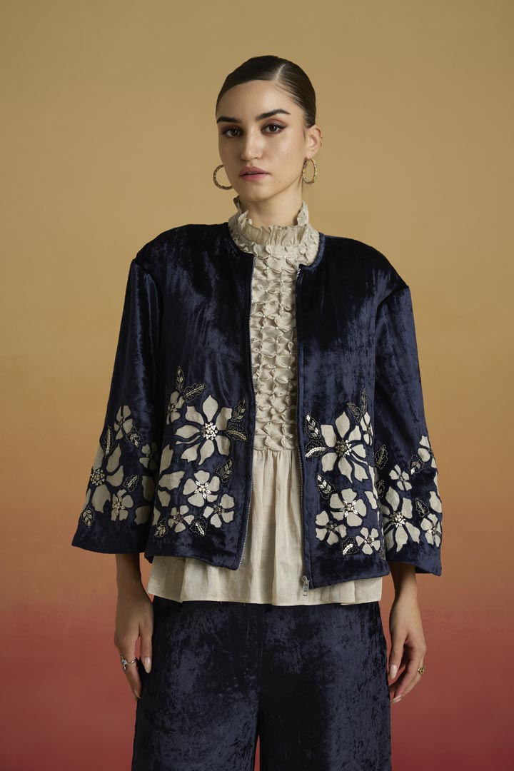 Silver Crystal Beaded Smocked Top in Structured Tissue Fabric