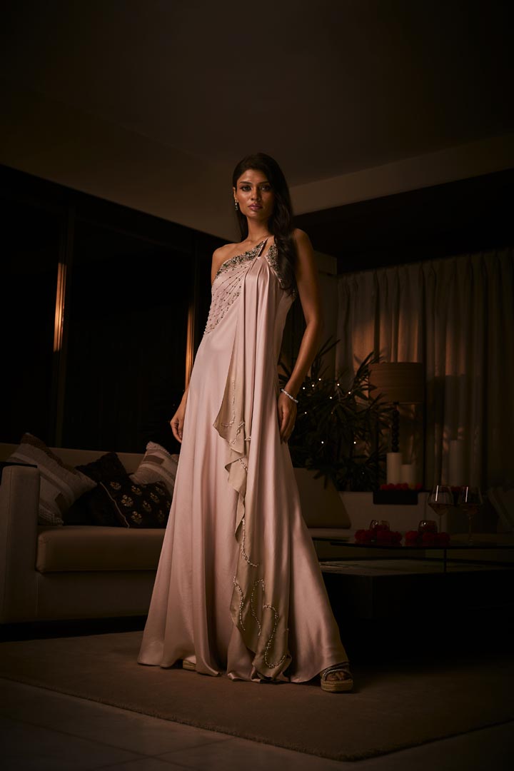 A pure silk satin one-shoulder gown in dusty pink and taupe ombré effect, detailed with bead and crystal embroidery