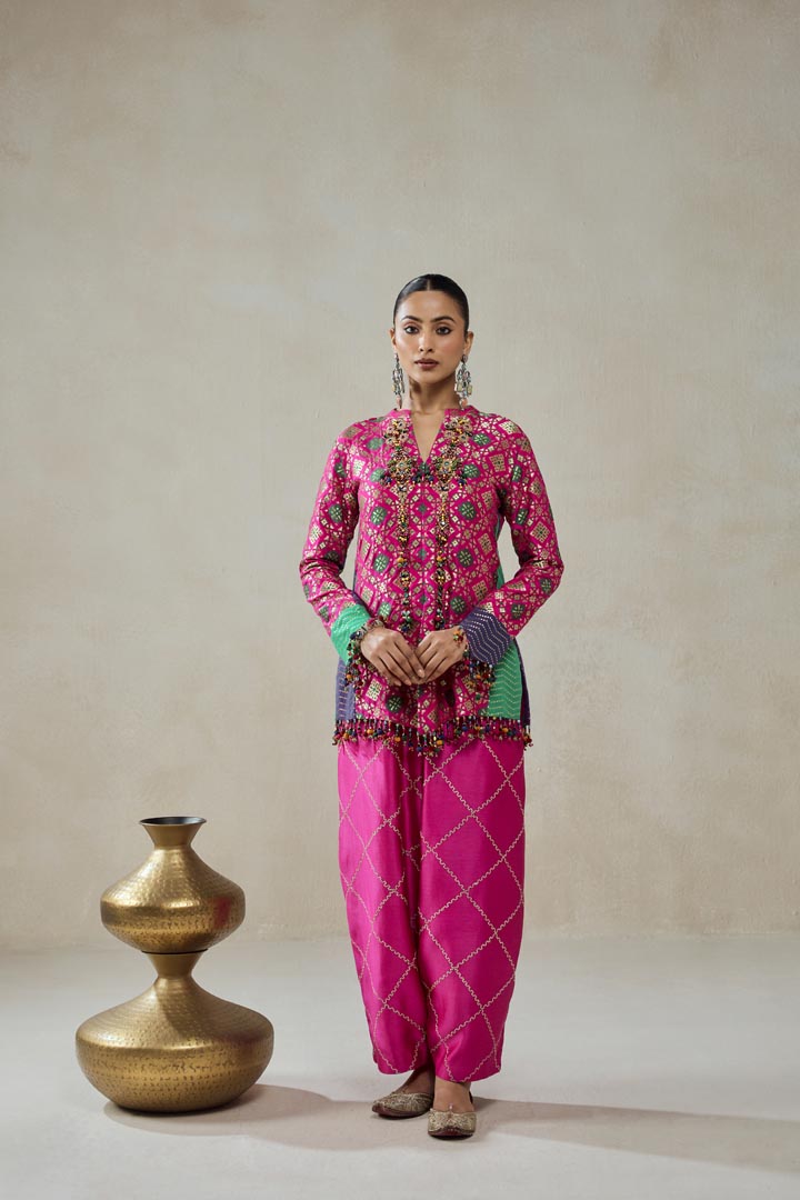 Fuschia Patola Silk Short Jacket Salwar Suit Co-ord Set