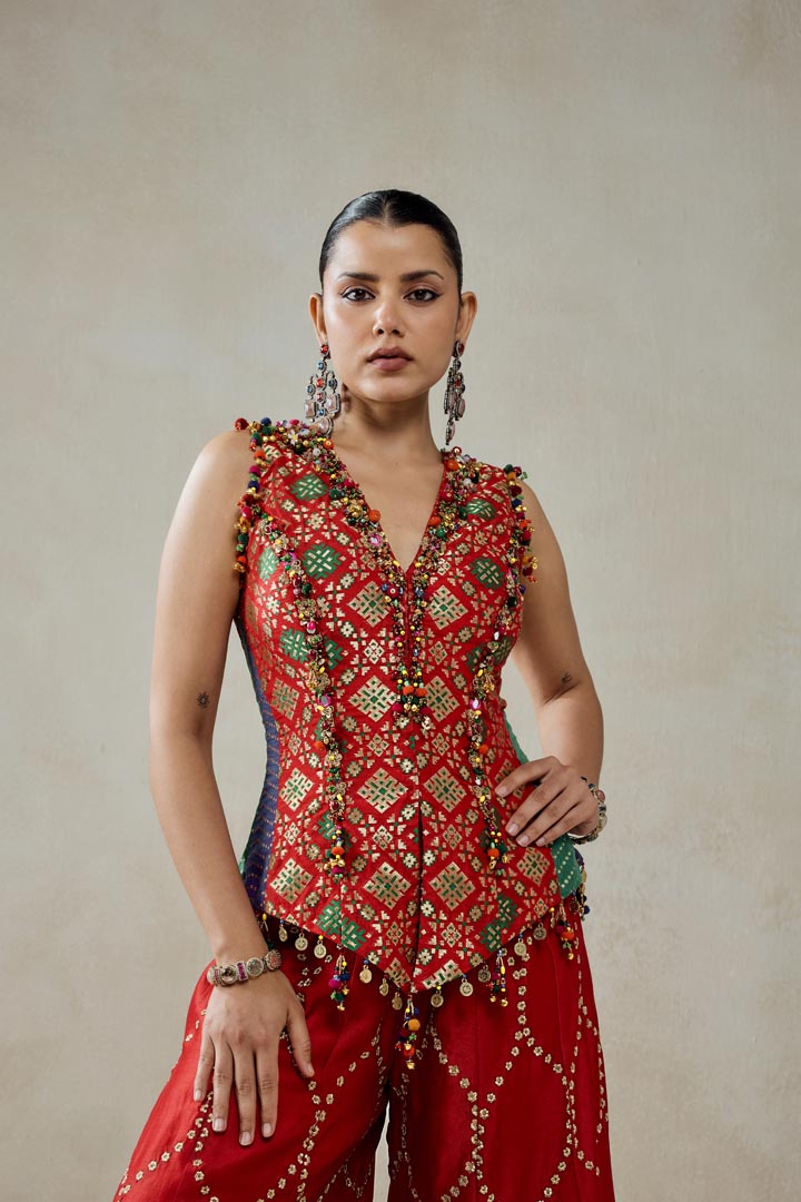 Red Patola Silk Sharara Set with Embellished Structured Top
