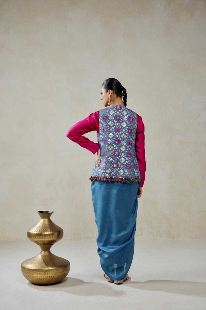 Royal Blue Patola Silk Jacket and Dhoti Skirt Set
