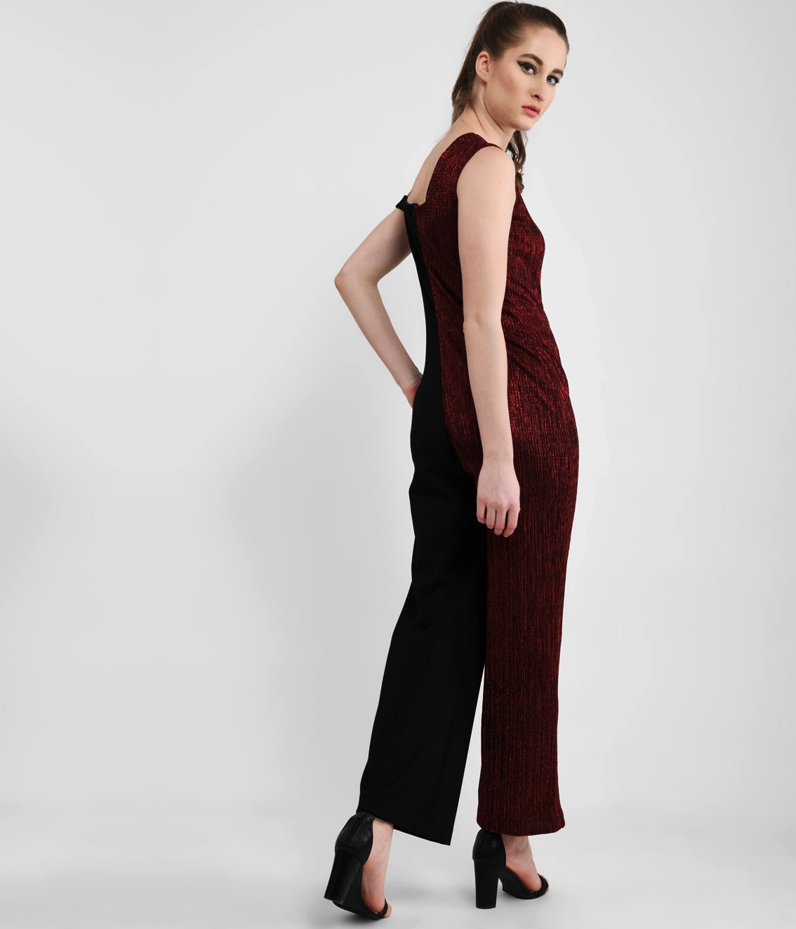 Split Personality Metallic Red & Black Asymmetric Jumpsuit