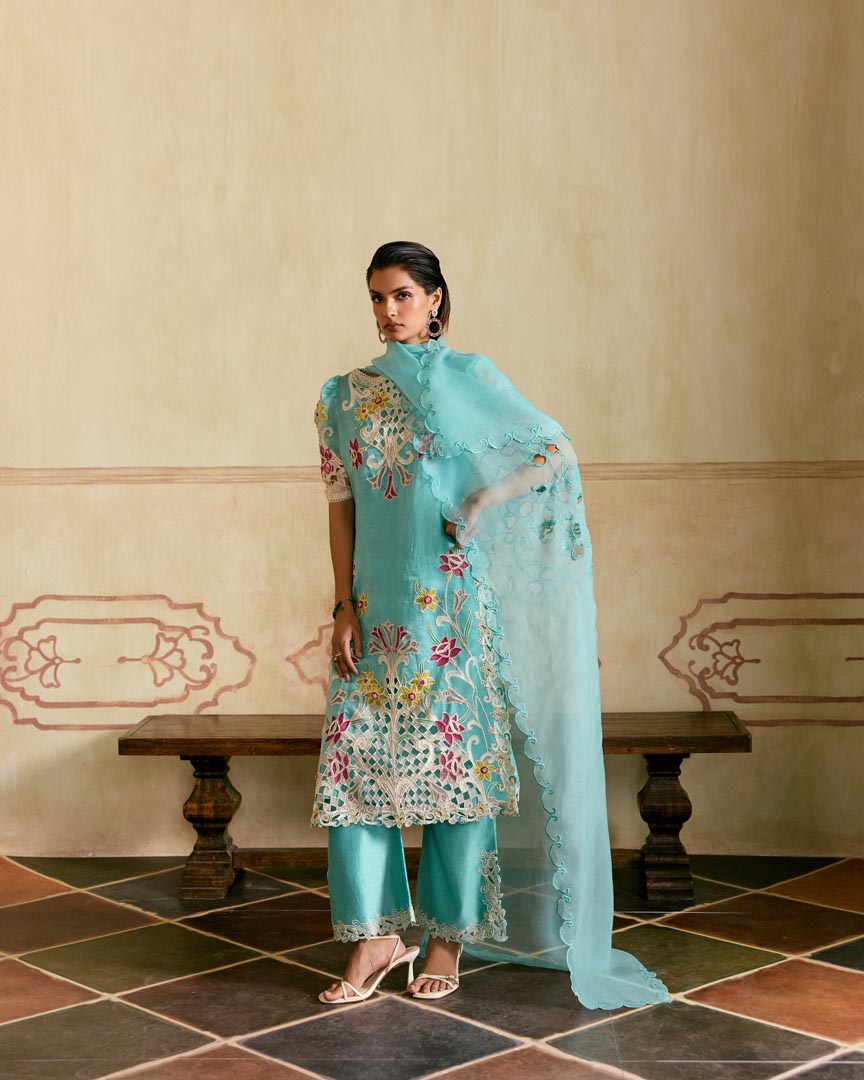 AQUA AND IVORY APPLIQUE AND CUTWORK KURTA