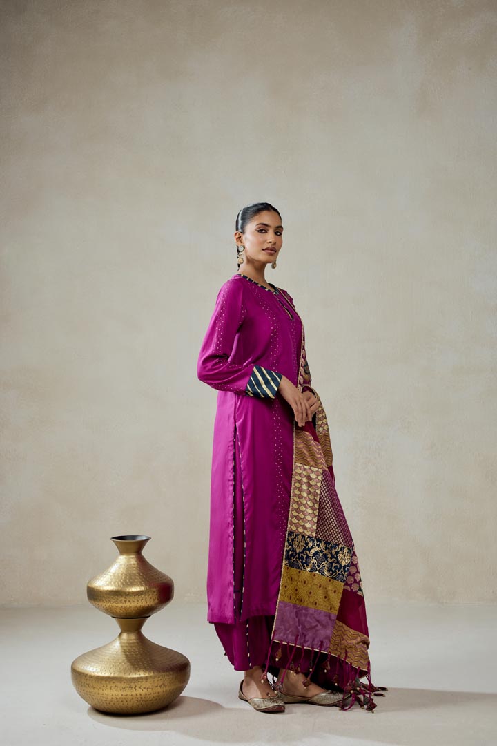 Wine Silk Salwar Suit with Multicolour Brocade Dupatta Set