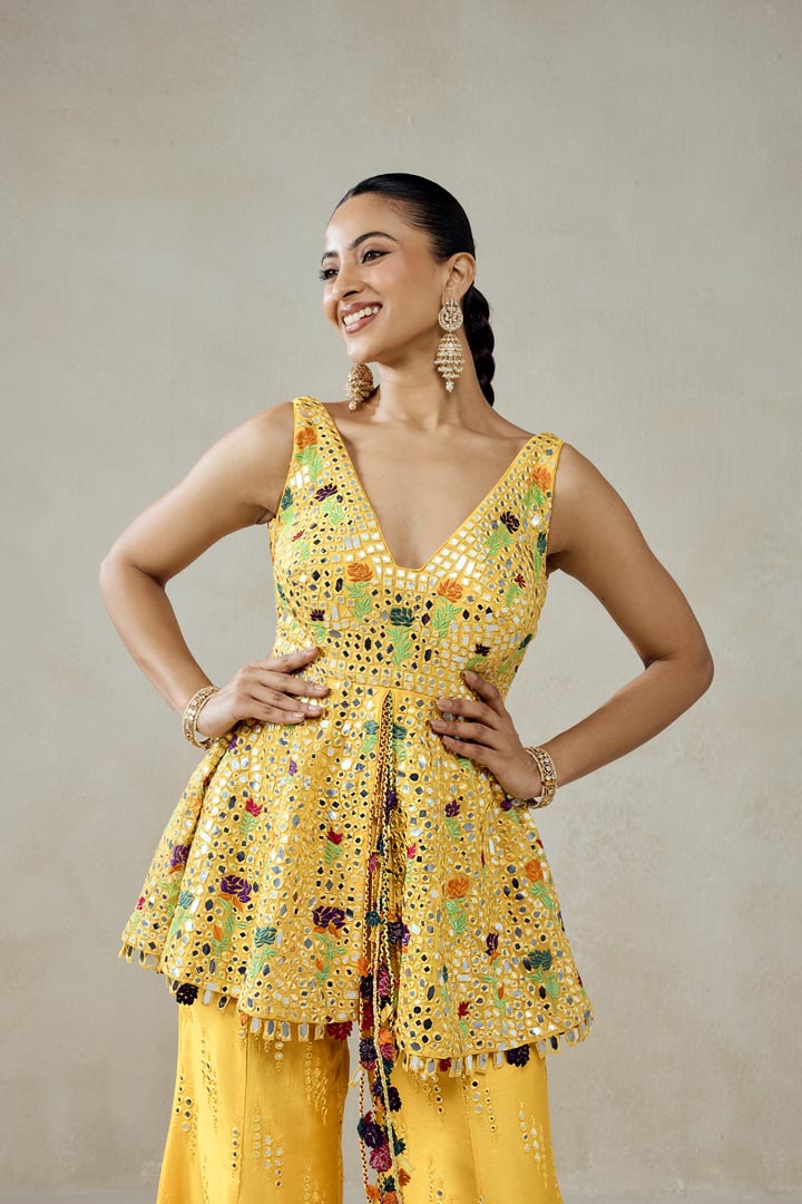 Yellow Embroidered Peplum Sharara Set for Festive Occasions